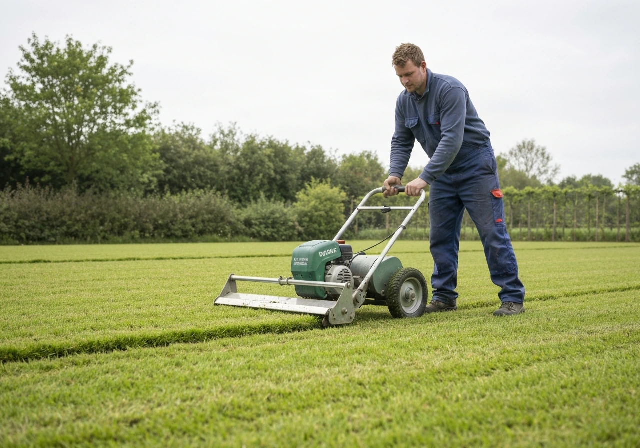 Tuinman die een verticuteermachine gebruikt op een gazon, met zichtbaar losgemaakte bodemstroken.
