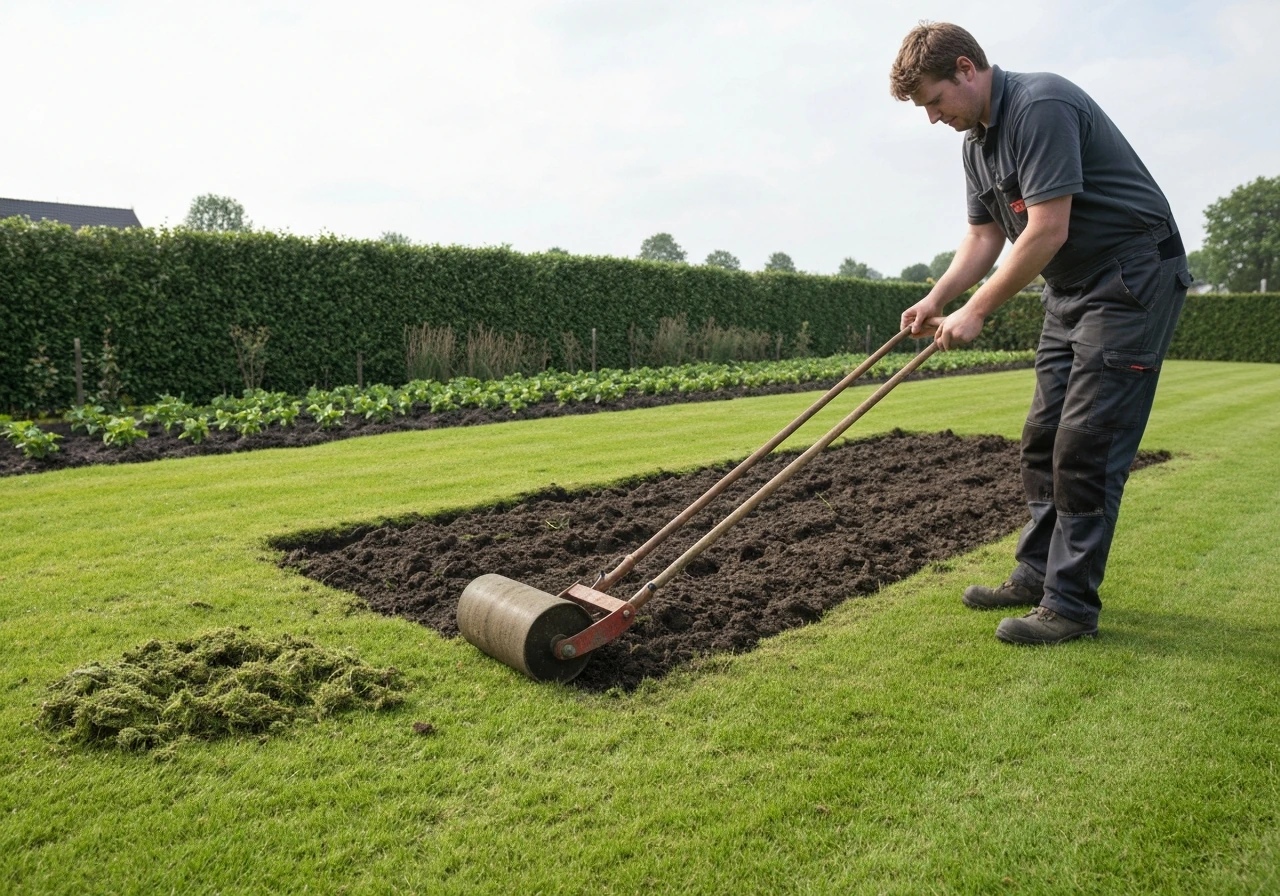 Iemand strooit schaduwgraszaad met een strooier op een voorbereide strook, daarna lichte afwerking met hark/aanrollen.