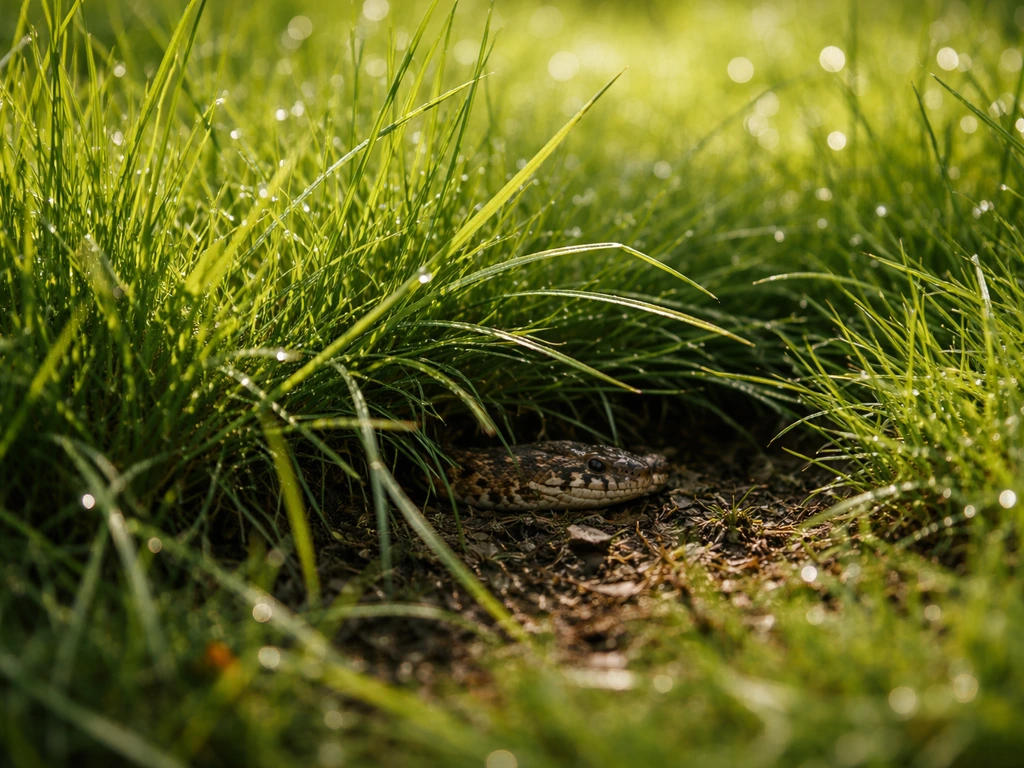 Verborgen adder onder dicht groen gazon, met dauw en natuurlijk licht in een minimale tuinclose-up.