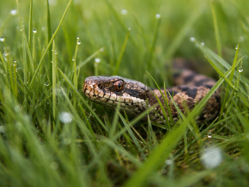 Een klein addertje verscholen in het gras, met dauw op bladeren en een onscherpe groene achtergrond.