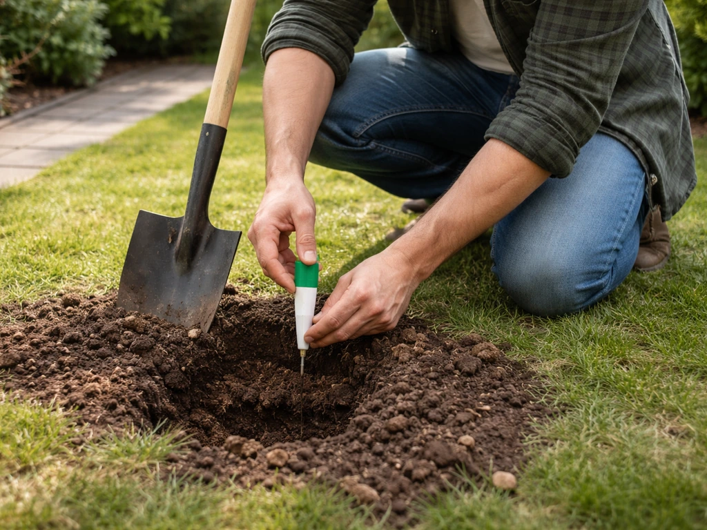 Tuinier voert met steek/puntspade een kleine bodemtest uit op een problematische plek in de tuin.