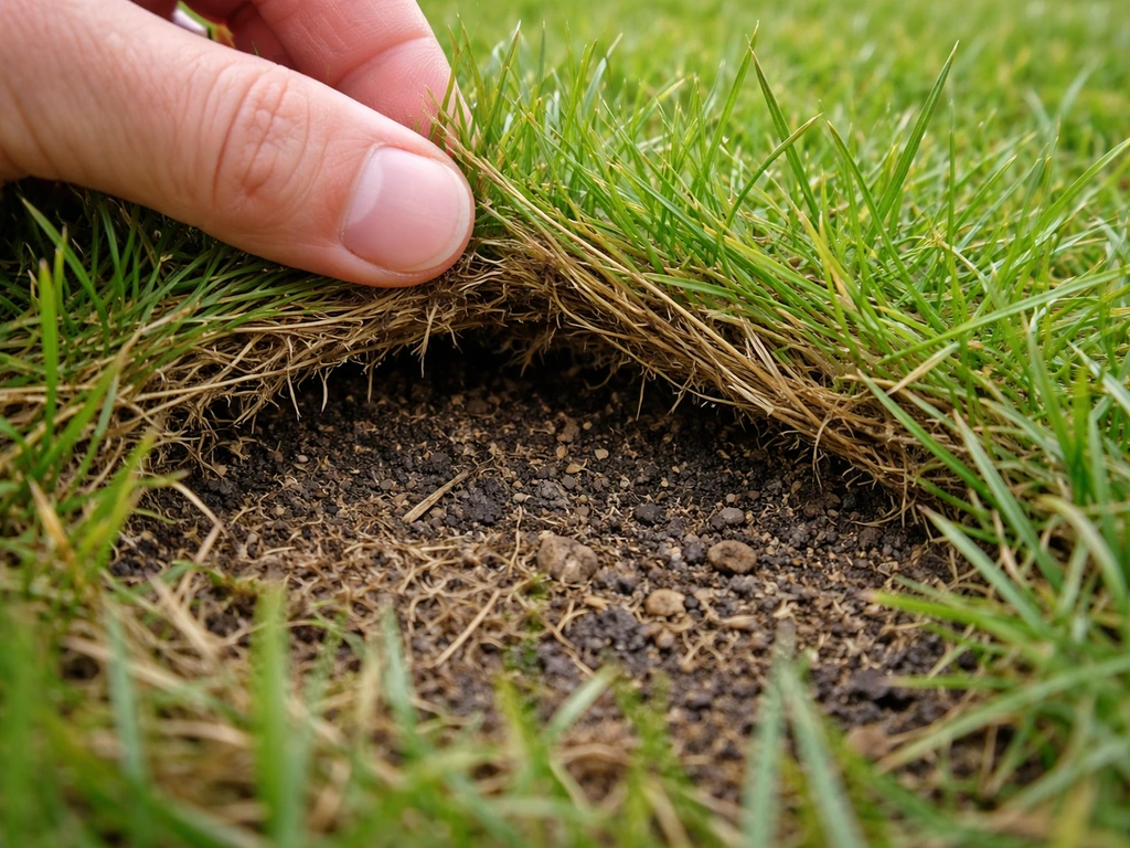 Close-up van een gazon waar gras opzij wordt geschoven, zodat de viltlaag en bodem zichtbaar zijn.