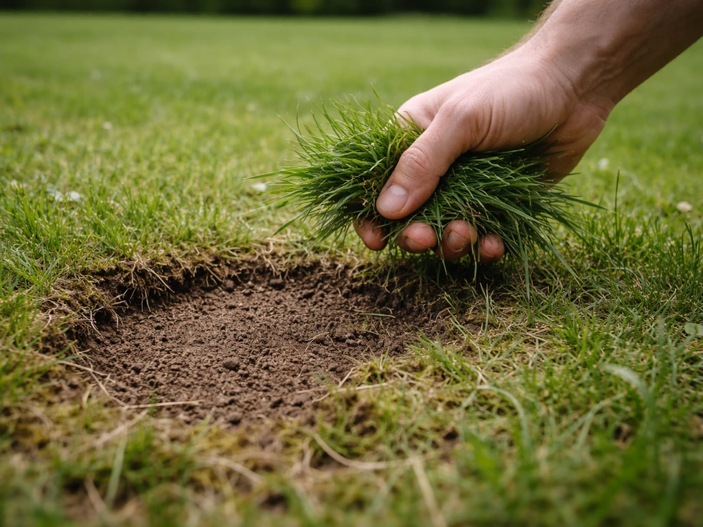 Close-up van een hand die gras oppakt en een kale plek in het gazon inspecteert.