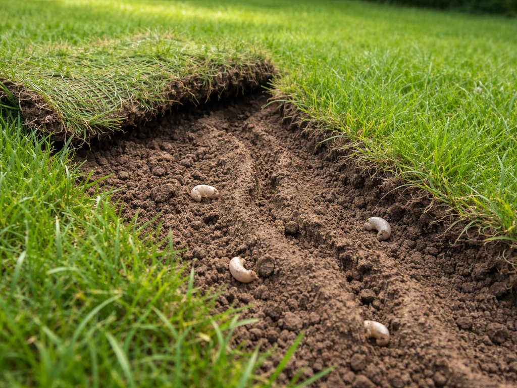 Nederlands gazon met losgetrokken graszoden en zichtbaar opengewerkt bodemprofiel met larven/woelsporen