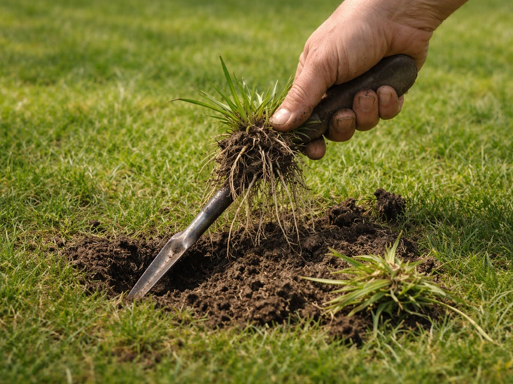 Close-up van een tuinhand met smal graafijzer dat kweekgras en worteluitlopers uitgraaft in een gazon.