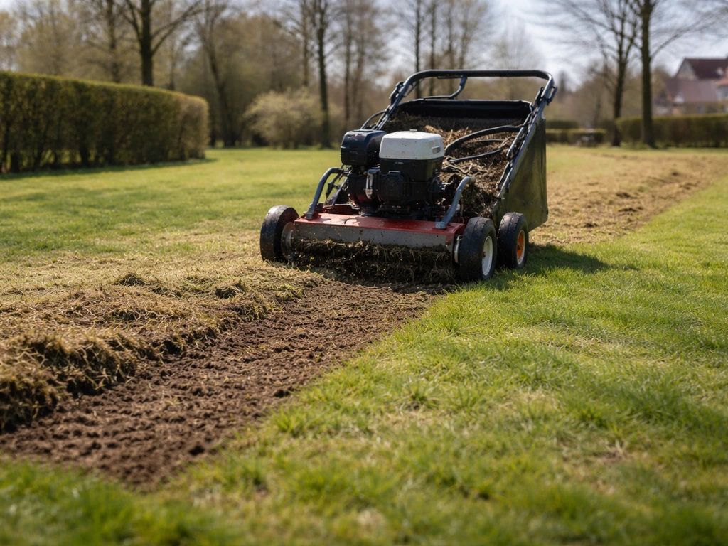 Gazon in het voorjaar met beluchtings- en verticuteermachine, met zicht op losgemaakte grond