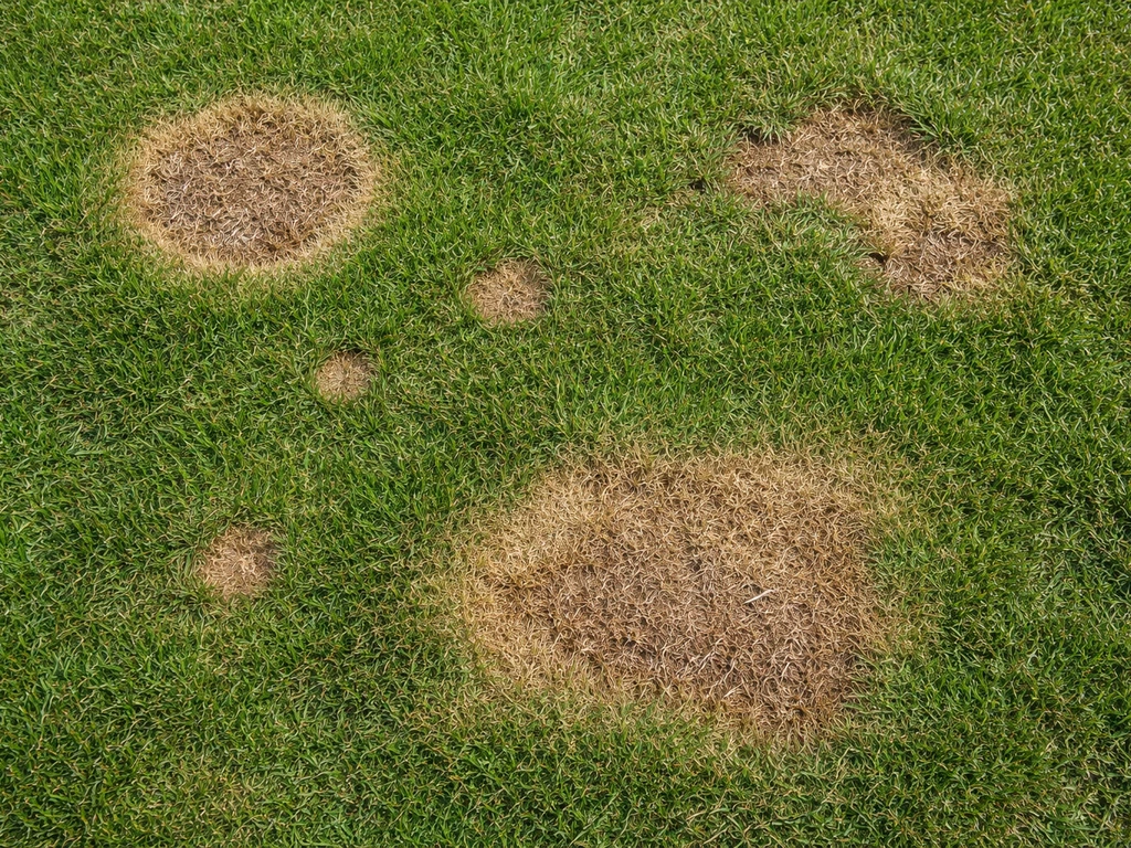Bovenaanzicht van gras met meerdere bruine plekken die verschillen in vorm en scherpe of geleidelijke randen.
