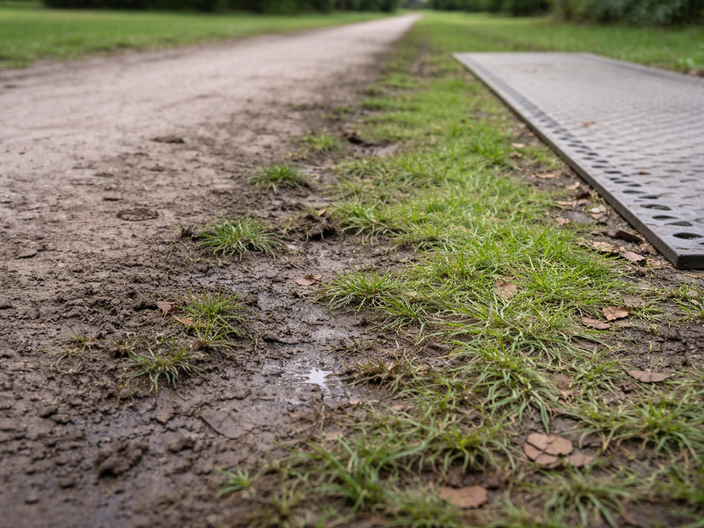 Platgelopen grasstrook langs een pad met verdichte bodem en modderige slijtageplekken, licht vochtig door slechte draina