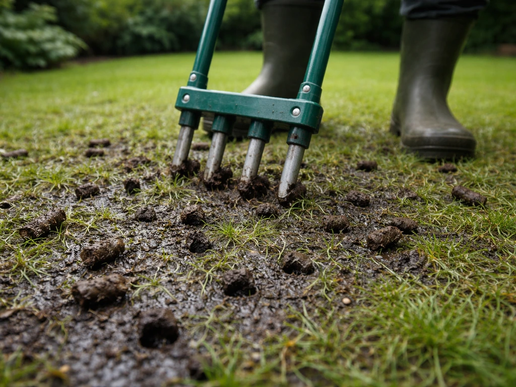 Natte grasstrook met hollow-tine beluchter: plugjes grond en beluchtingsgaten zichtbaar.