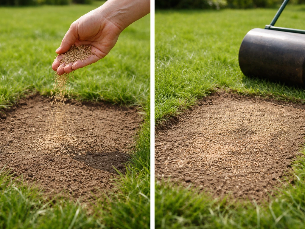 Hand strooit graszaad over een kale plek, met afgeharkte grond en lichte bedekking met grasrol.