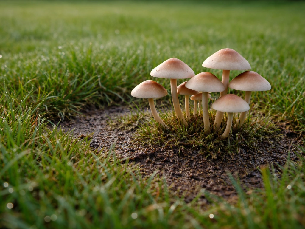 Paddenstoelen steken uit een Nederlands gazon, rondom licht vilt en vochtige, verdichte plek.
