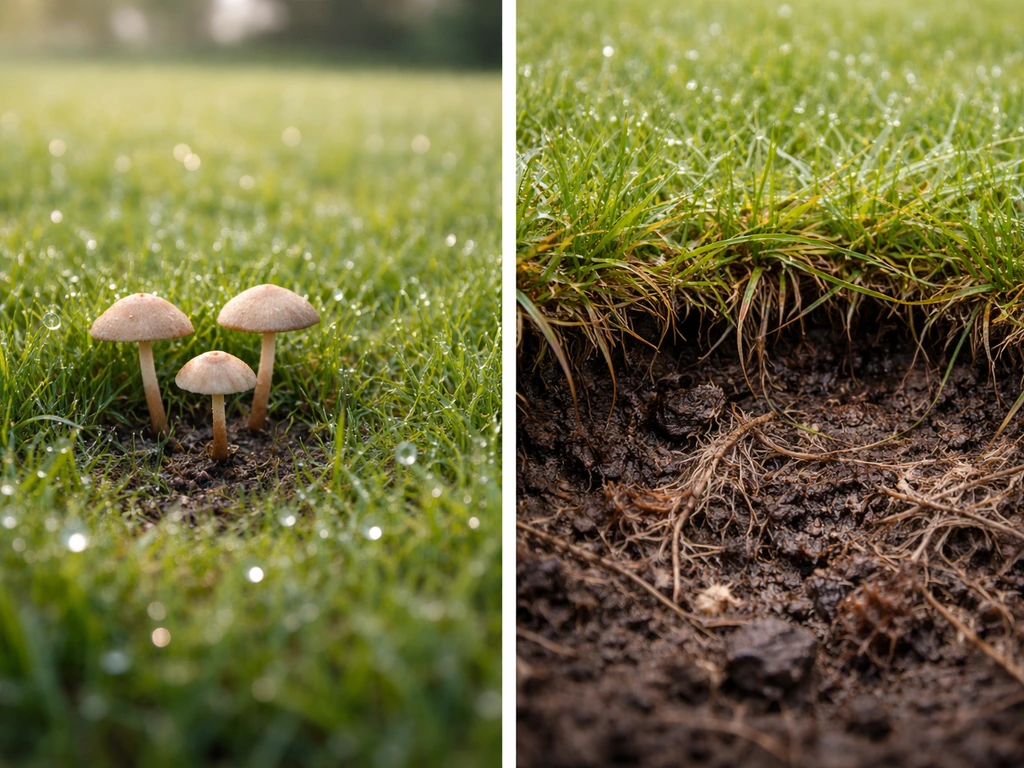 Links verse paddenstoelen in het gazon, rechts ondergrondse vilt/mos-wortelresten als oorzaak, naast elkaar.