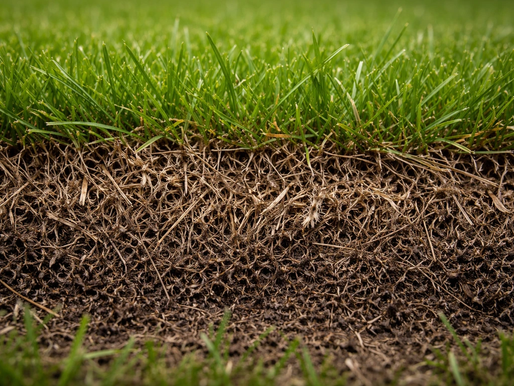 Close-up van een dichte viltlaag (thatch) tussen gras, met zichtbaar dood maaisel en wortelresten.