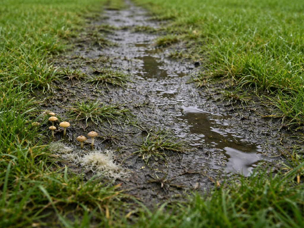 Donkere natte strook in het gazon na regen, met paddenstoelen rond vochtige bodem