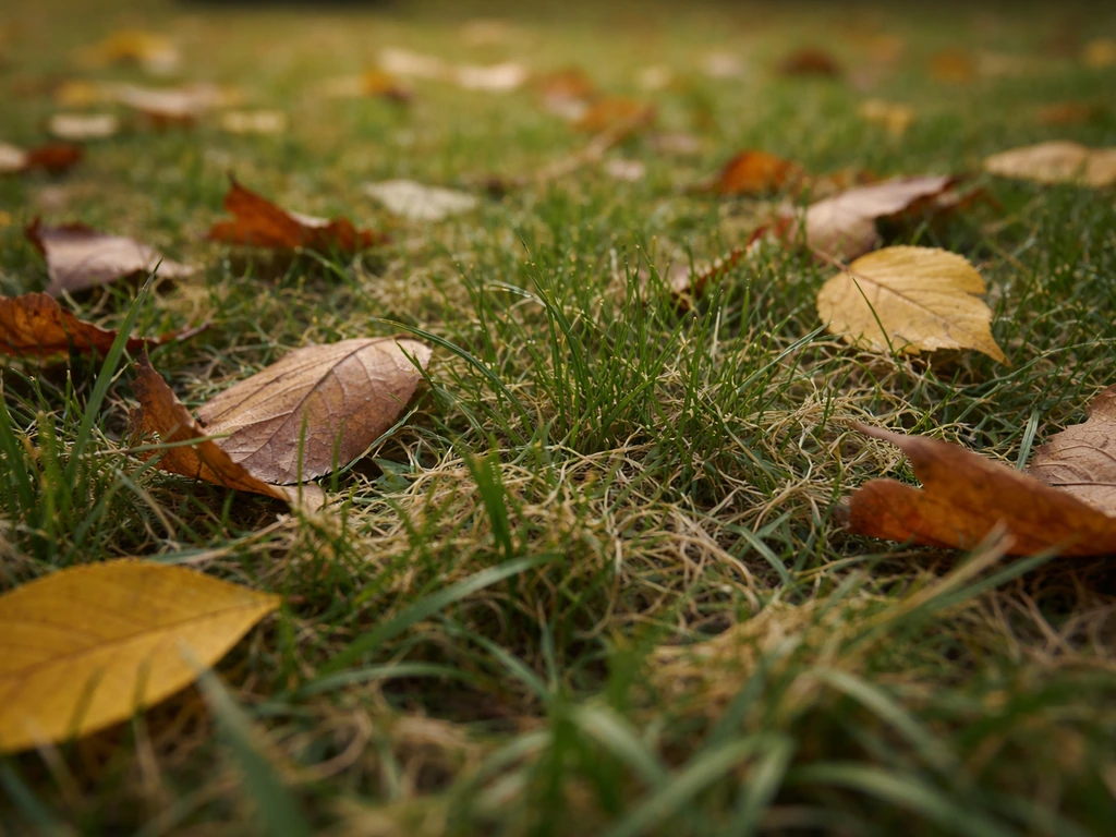 Herfstbladeren en los maaisel die tussen grassprieten op een gazon liggen, in natuurlijk licht