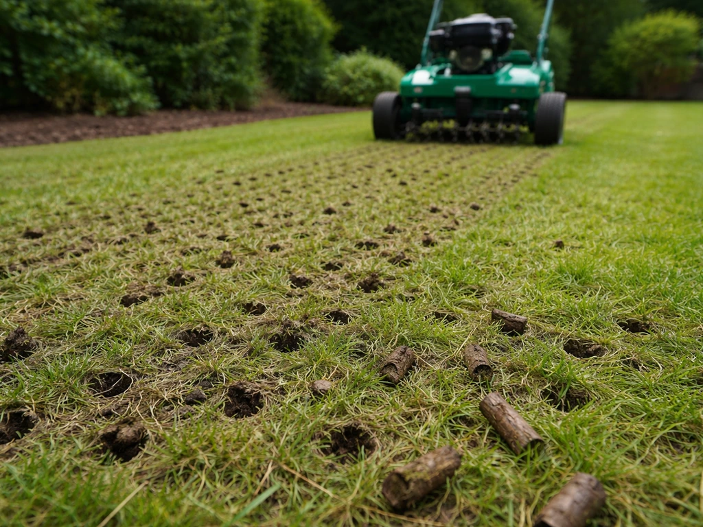 Gazon met zichtbare grasprikken en gaatjes na het beluchten met een beluchter op verdichte plek.