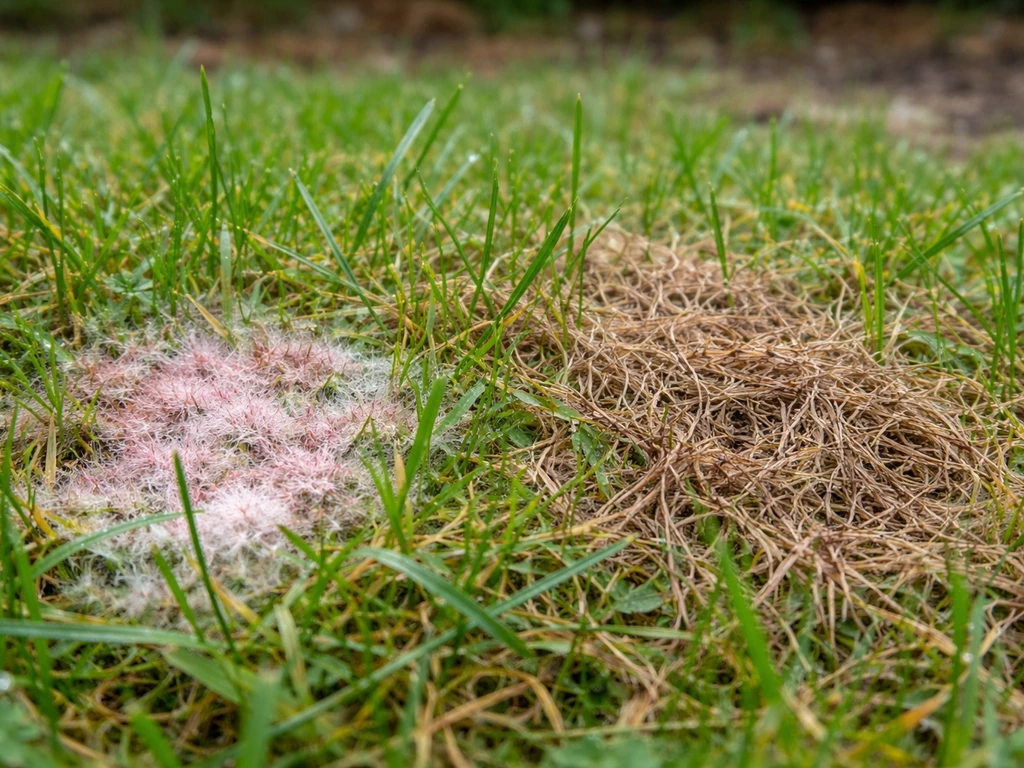 Close-up van gras met lichtroze en bruine plekken, die verschillende schimmeluiterlijkheden tonen.