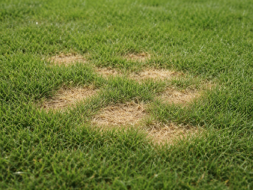 Close-up van een gazon met kleine bleekbruine, ingezonken plekjes van dollar spot die samenvloeien.