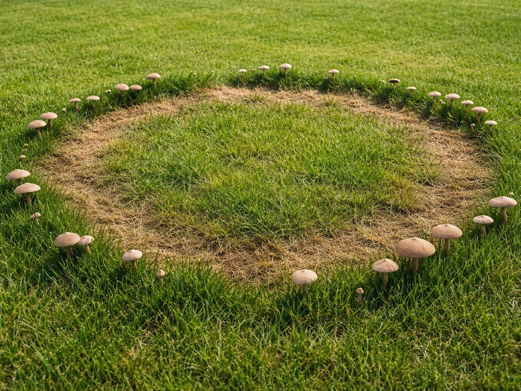 Een heksenkring in het gazon: ring van donkergroen en dood gras met kleine paddenstoelen langs de rand.