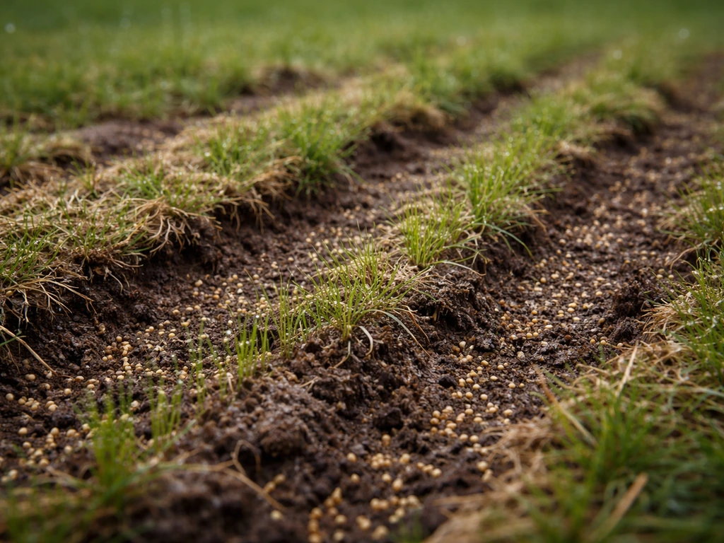 Losgemaakte gazonbodem na beluchten/verticuteren met doorzaaipadjes en jonge grasscheuten.