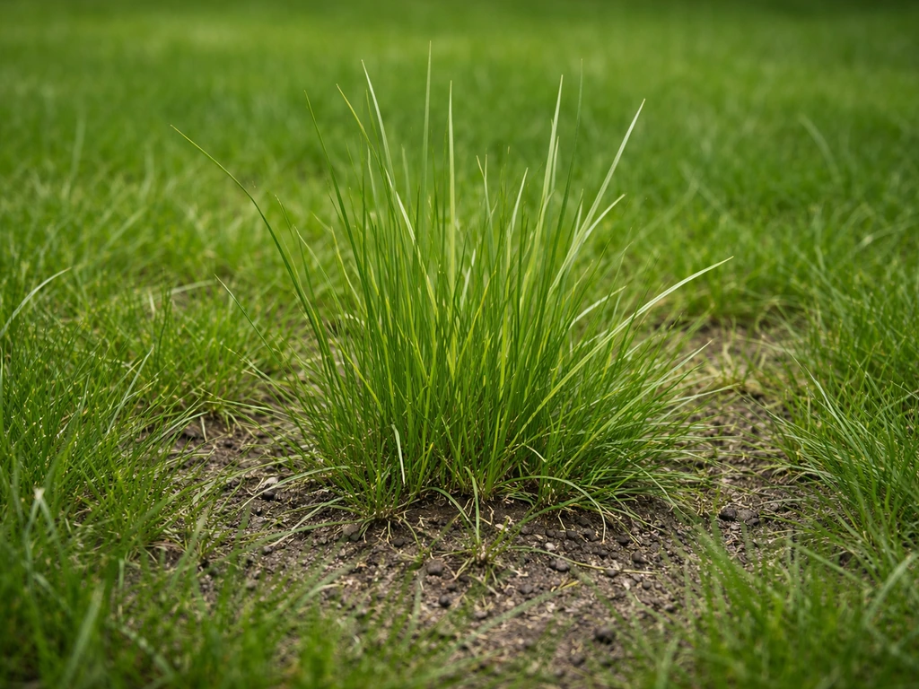 Close-up van een gazon met lange, dunne sprieten tussen normaal gras op een doorgeschoot plekje.