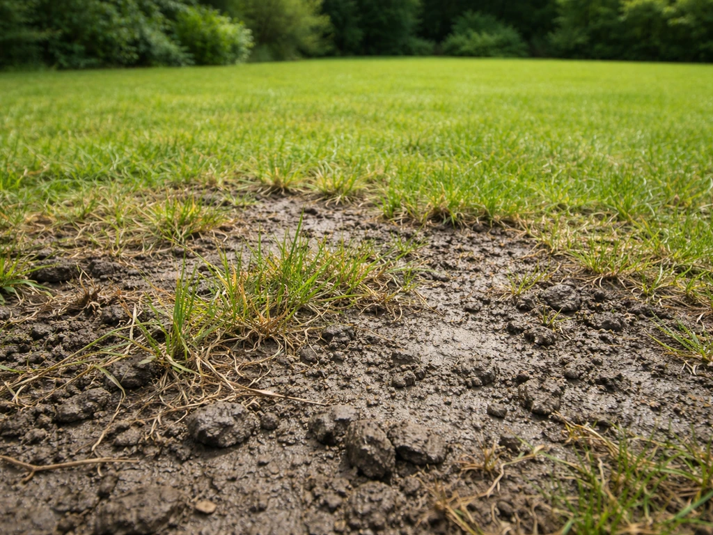 Kale en dunne plekken in een Nederlands gazon met omhoog schietende sprieten op vochtige kleigrond.