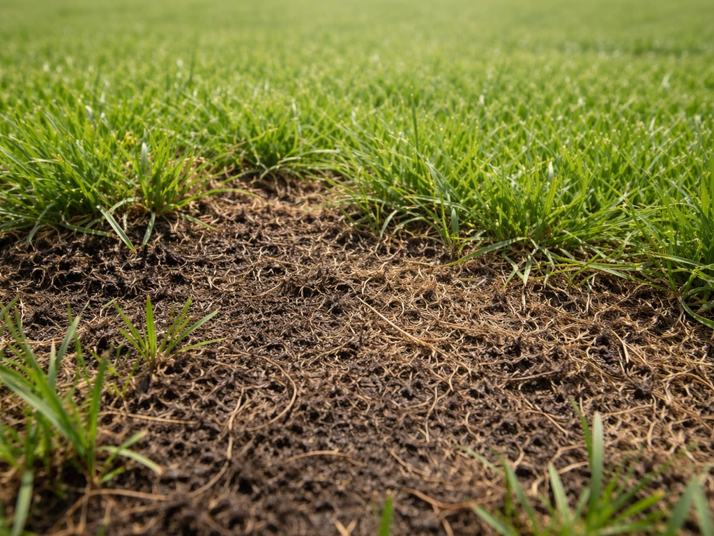 Close-up van vilt tussen graspolletjes op de bodem, met zichtbaar verschil naar gezonde grasmat.