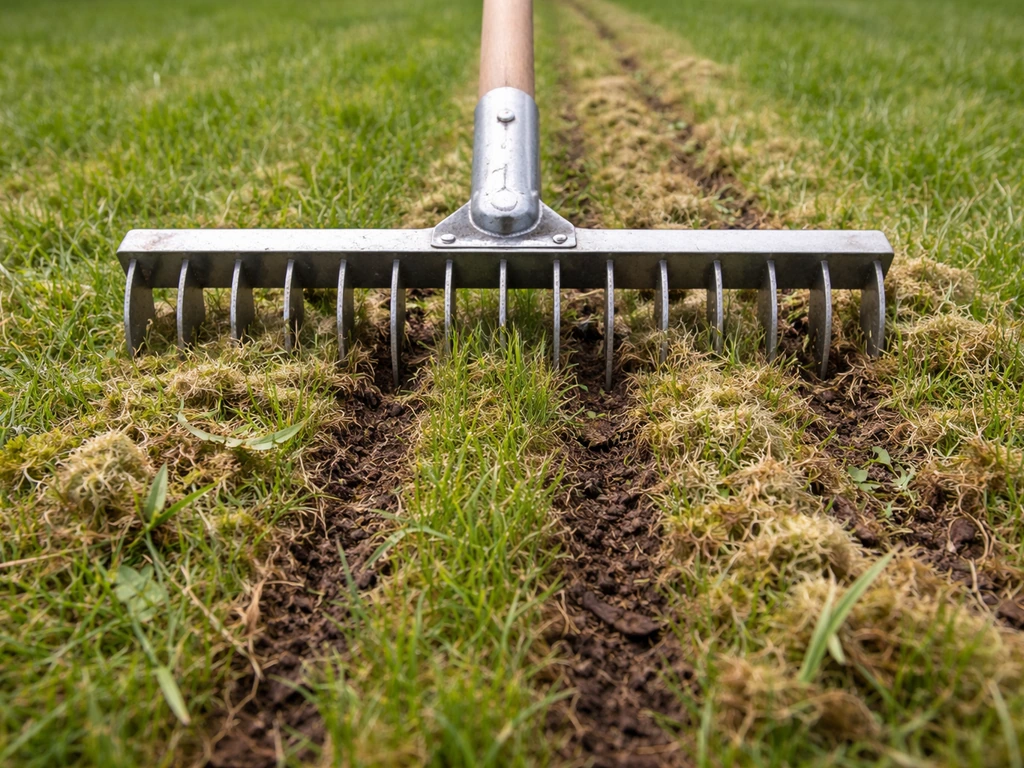 Groene tuin met verticuteerhark die in de grond snijdt en lucht/ruimte creëert in de grasmat