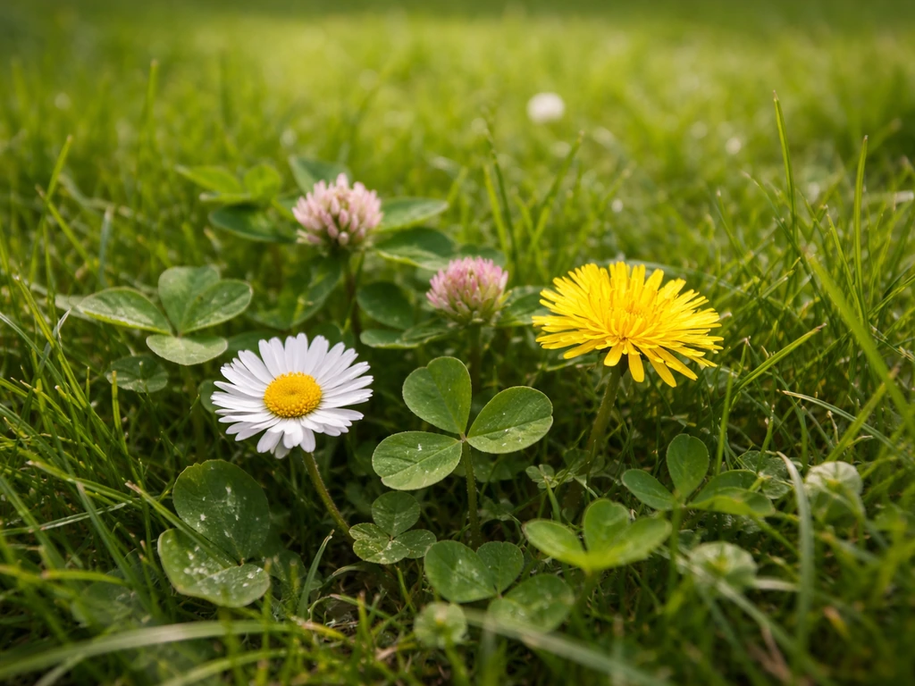 Close-up van verschillende bloemetjes in het gras met duidelijk blad en bloemhoofd, voor snelle herkenning.