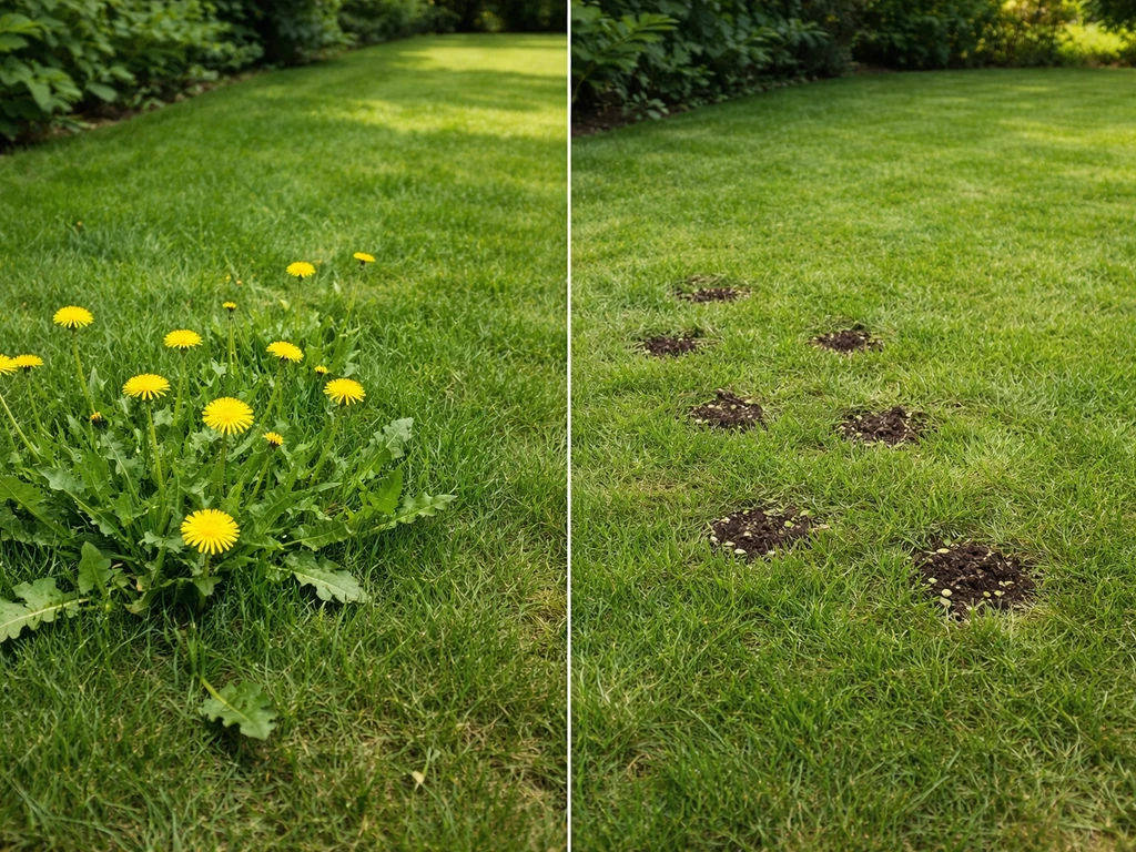 Tweedeling in een gazon: links paardenbloemen laten staan, rechts gericht verwijderd met zichtbaar uitgegraven plekjes.