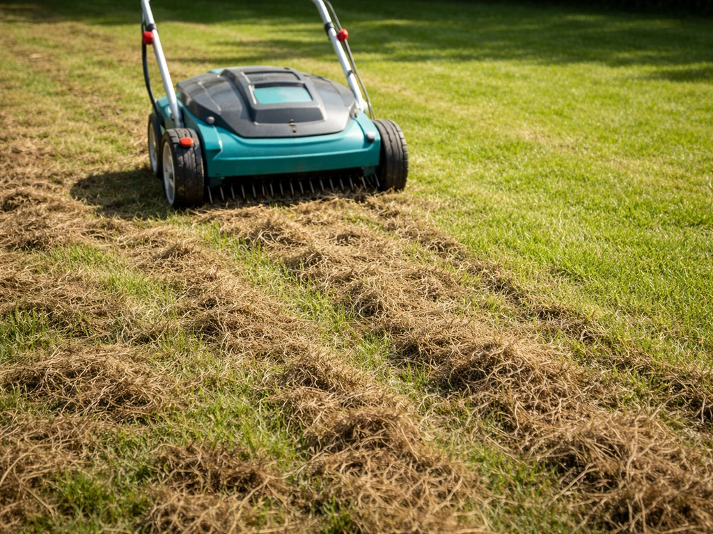 Gazongras na verticuteren: een verticuteerhark laat vilt en losgemaakte resten zien tussen de sprieten.
