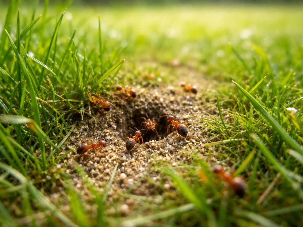 Oranje/gele weidemieren lopen over een graspol en rond een klein nestgaatje in het zonnige gazon.