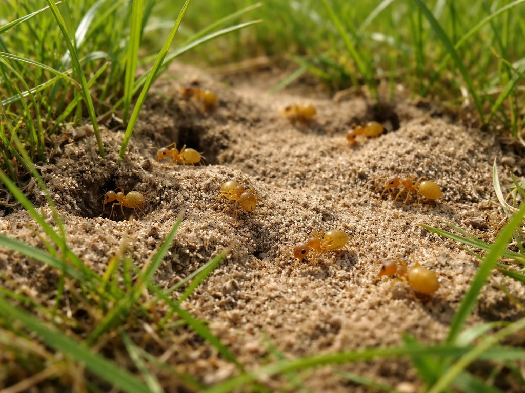 Close-up van gele weidemieren op droog gazon met platte zandhoopjes als nestindicatoren.
