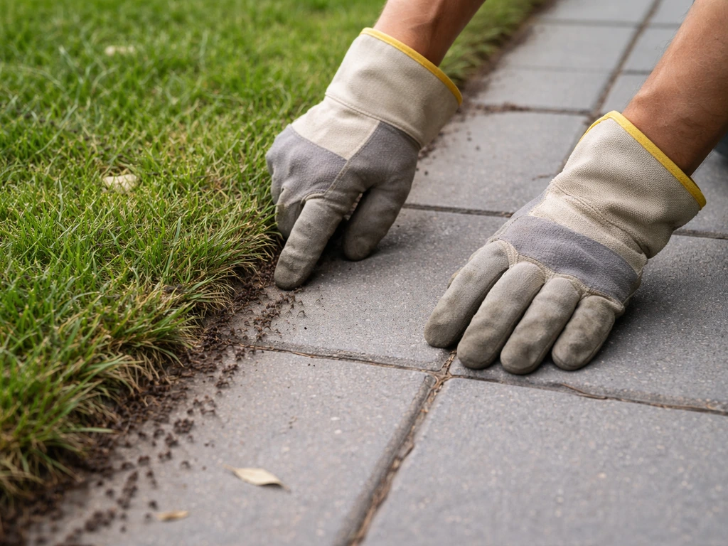 Werkhandschoenen bij een grasrand en tegels waar iemand een mierenpad veilig inspecteert.