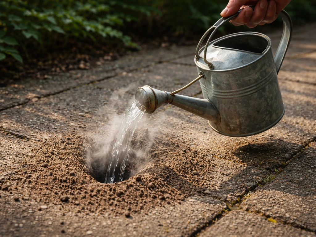 Metalen gieter die heet water gericht op een mierennestingang in de aarde giet.