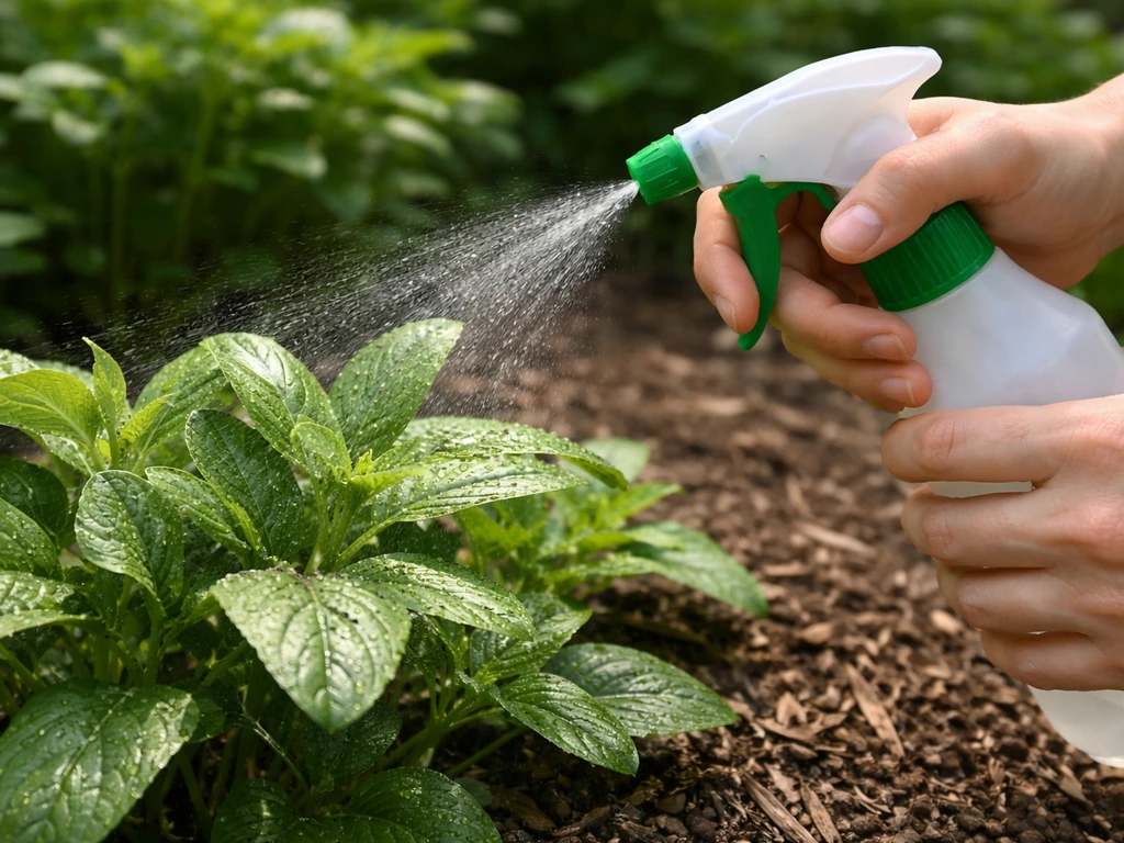 Tuinier die bladluizen van planten op een border aanpakt met een zachte waterstraal, minimalistische tuinsetting.