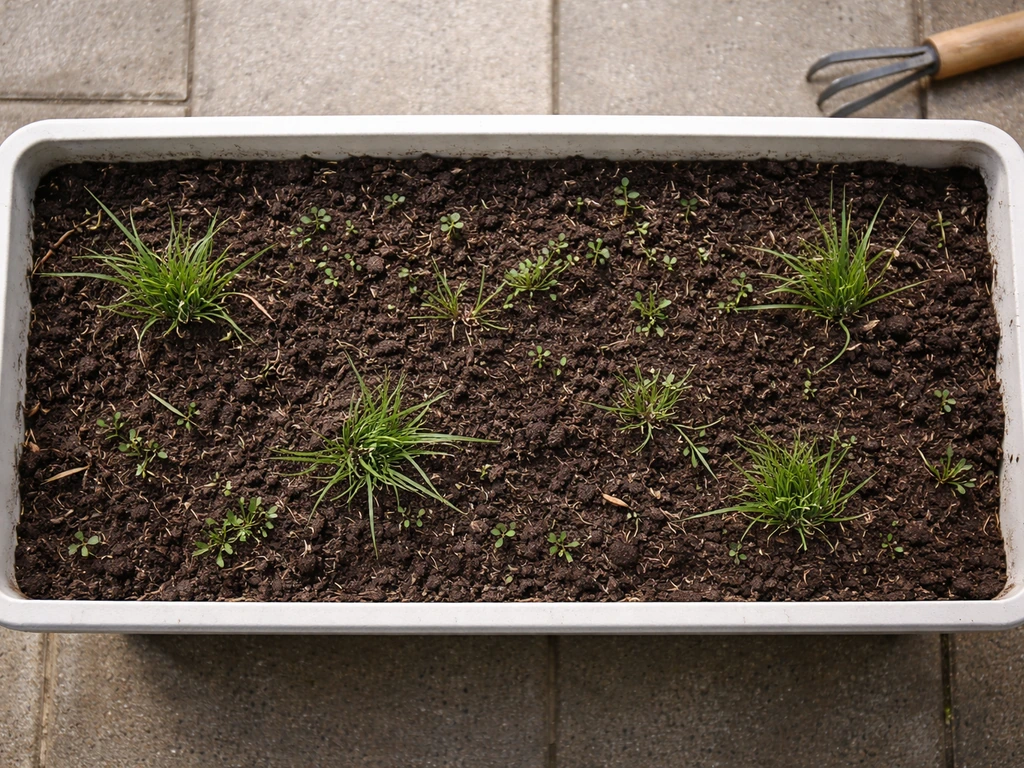Bovenaanzicht van een Nederlandse bloembak met gras en grassprieten in de potgrond