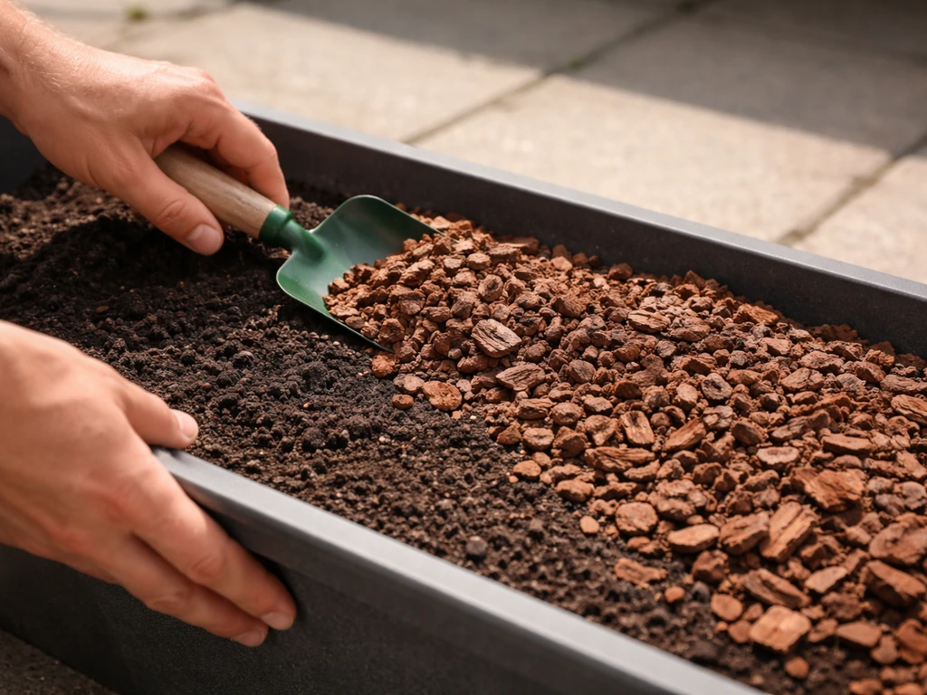 Close-up van boomschors/mulch die gelijkmatig op potgrond in een bloembak wordt aangebracht