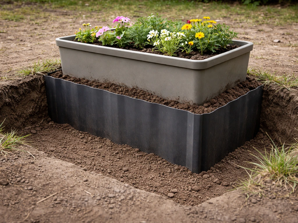Bloembak op aarde met zichtbare wortelbarrièrefolie rondom, deels in de grond ingegraven.