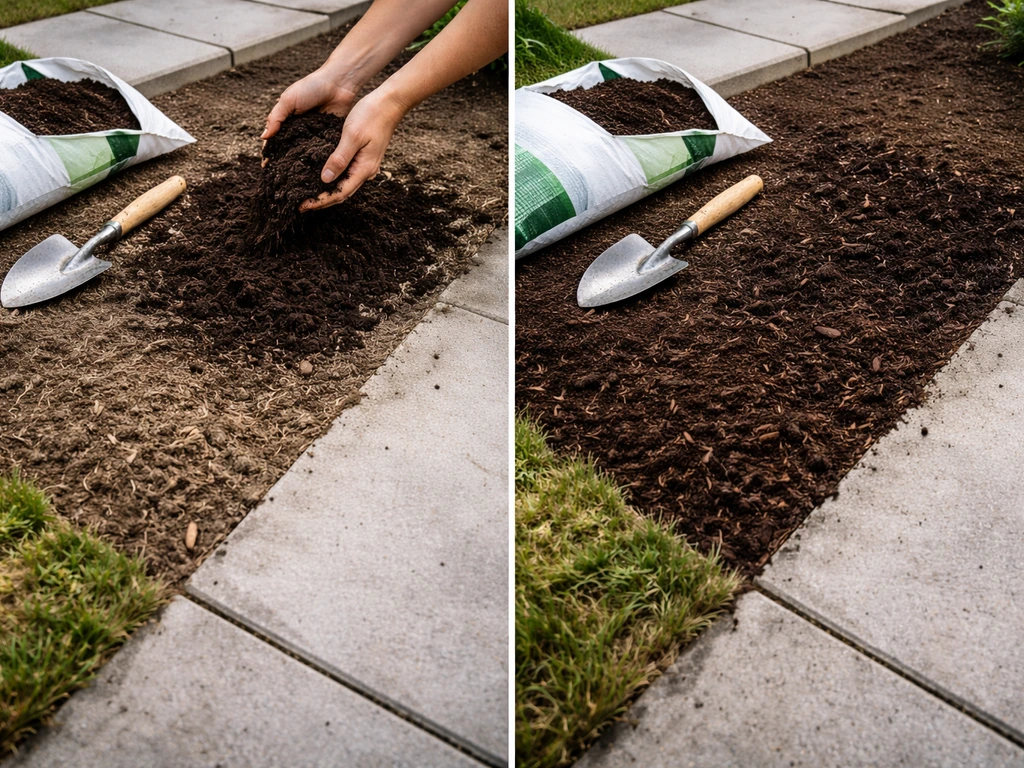 Handen die nieuwe potgrond in een tuinperk aanvullen en vervolgens afdekken met mulch