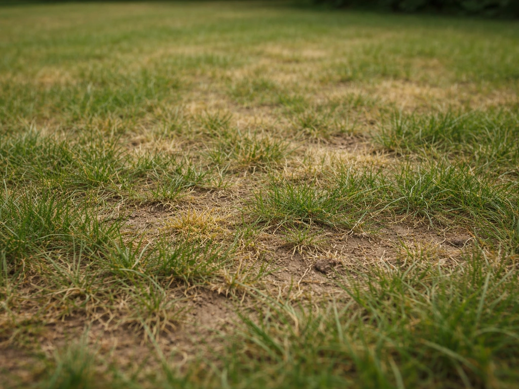 Close-up van uitgedund gras met bruine plekken, zichtbaar gazonschade die op engerlingen kan wijzen