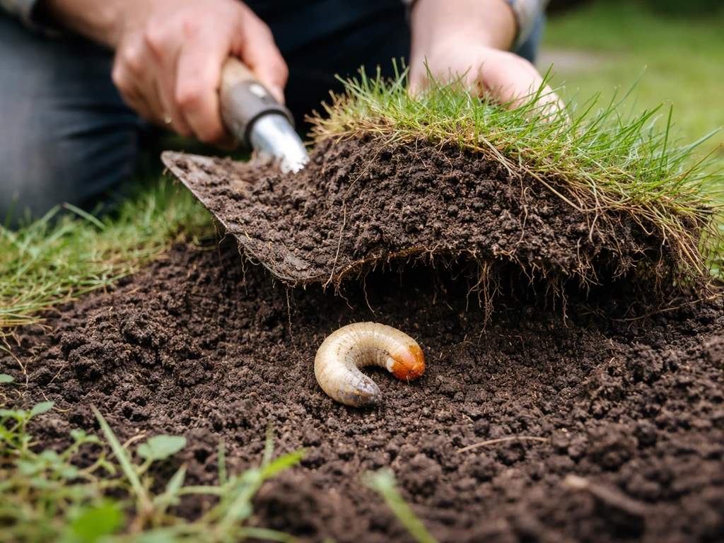 Handen met schep tillen grasplag op; onderin ligt een lichtgele engerling in de grond.