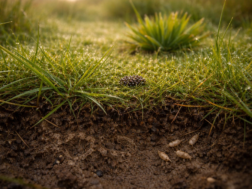 Close-up van Nederlands gras met open grondlaag en kleine larve- en ei-achtige elementen voor seizoens-timing.