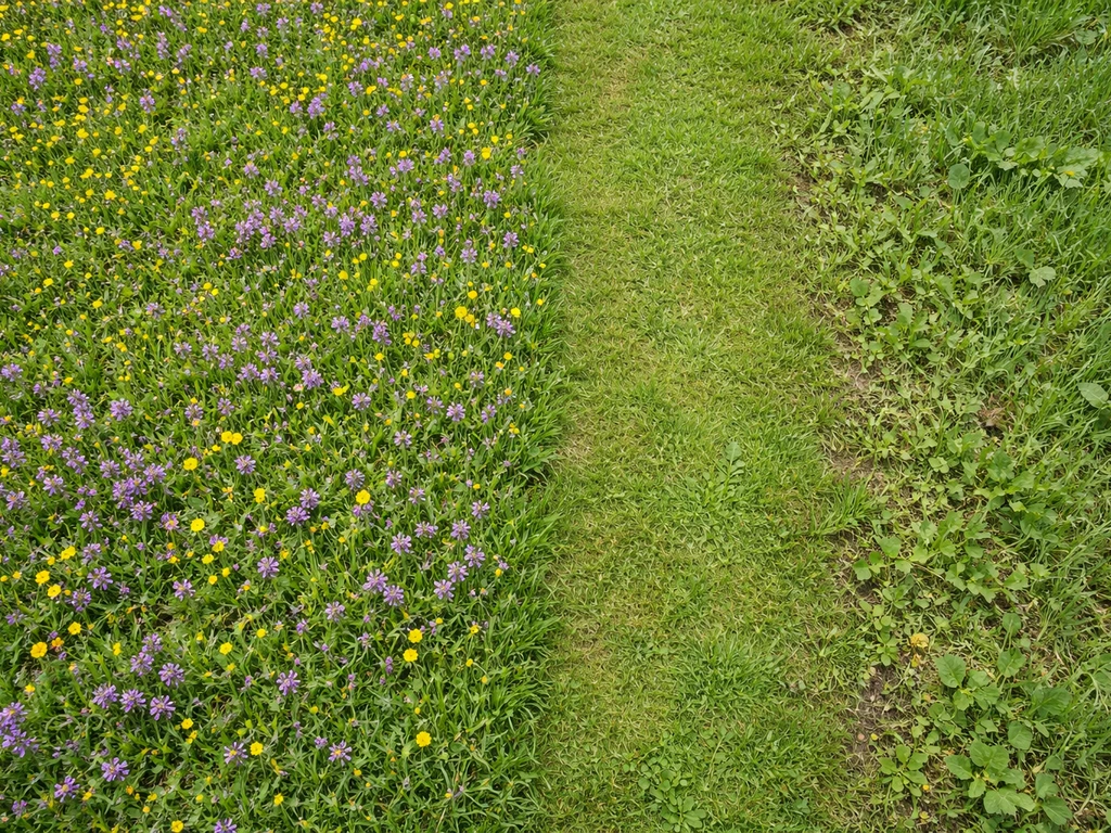 Bovenaanzicht van een gazon met bloemen in het gras en een aparte strook met onkruidachtige indringers.