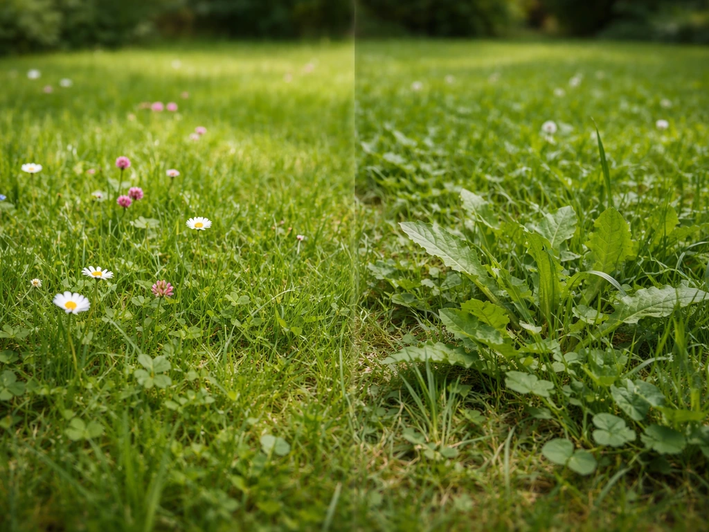 Close-up van gras met links bloemrijke kruiden en rechts onkruid tussen het gras.