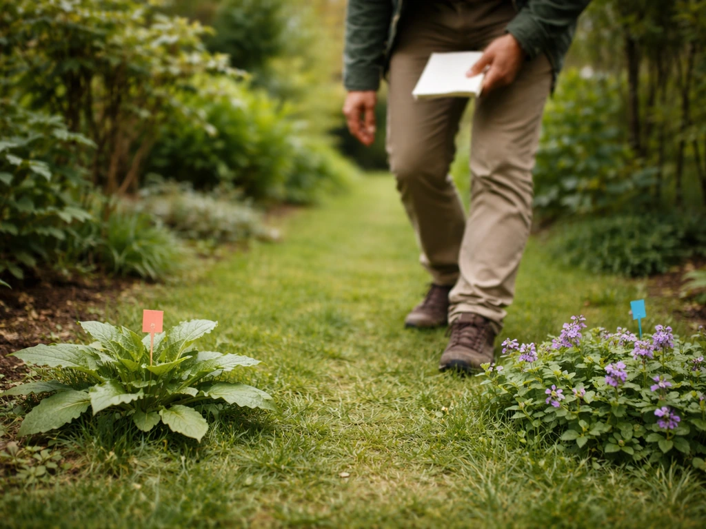 Anonieme tuinier loopt langs een gazonpad en bekijkt onkruid en gewenste bloeiers bij twee verschillende planten.