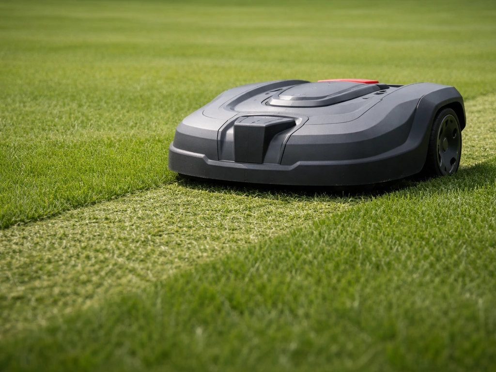 Robotmaaier die kort en egaal gras maait, met zichtbaar vers maaisel en ingestelde snijhoogte op een gazon.