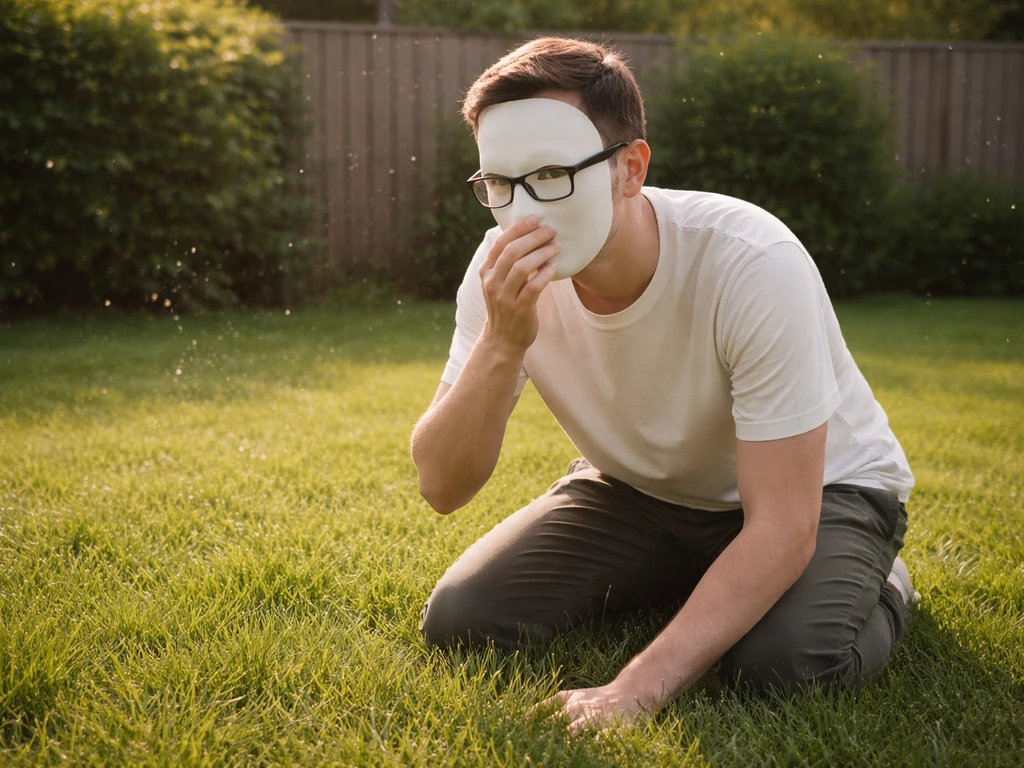 Persoon met masker en zonnebril bij een gazon met waas/pollen, grijpt naar de neus bij allergie voor gras.