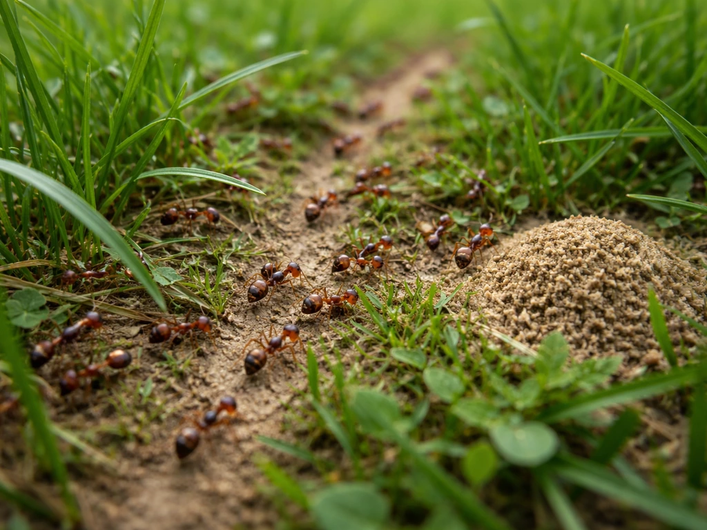 Close-up van rode mieren in het gras met mierenpad en klein zandhoopje in het tuinperkje.
