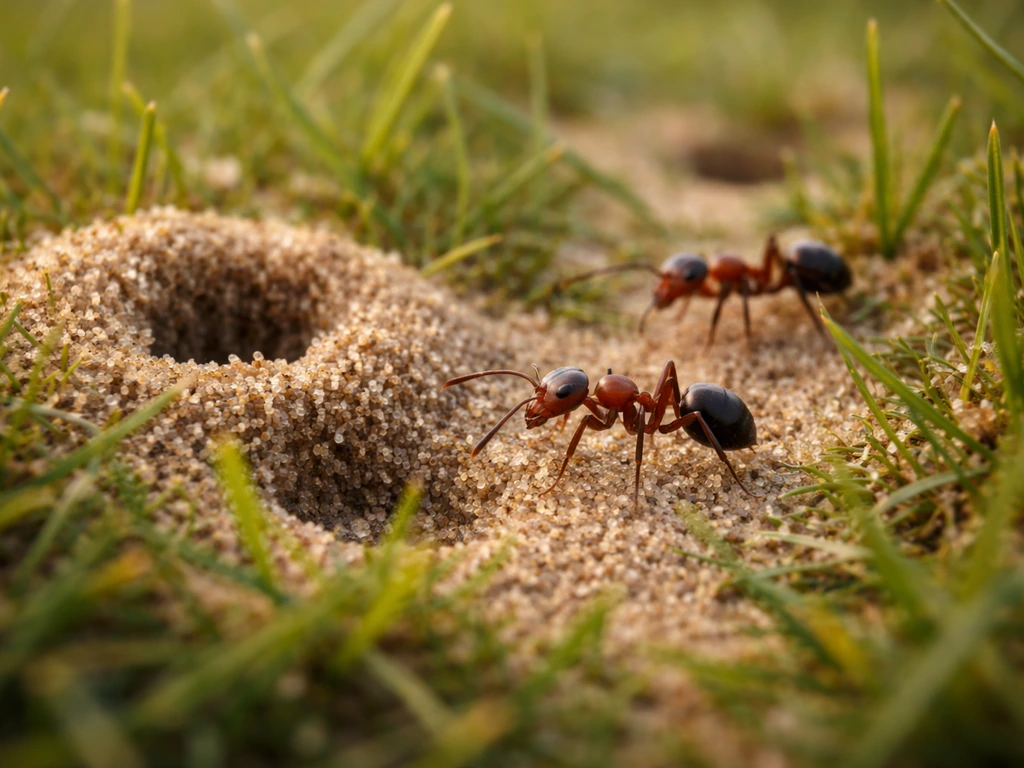 Close-up van roodbruine mieren op gras met kleine zandhoopjes en loopsporen in een Nederlands gazon